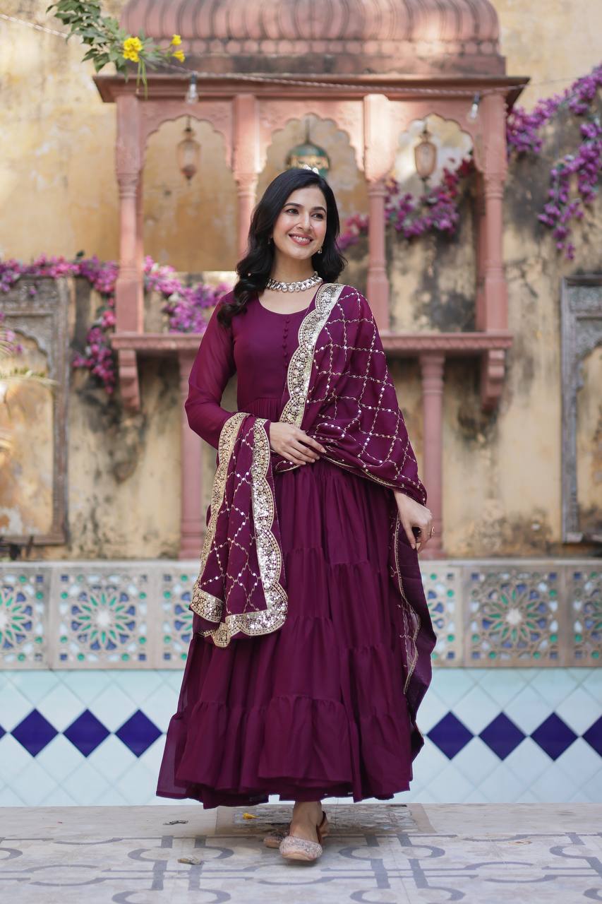 Teeya Creation Wine Color Star Georgette 15 Meter Flari Fully Stitched Gown | Grocsy