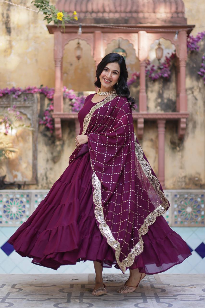 Teeya Creation Wine Color Star Georgette 15 Meter Flari Fully Stitched Gown | Grocsy