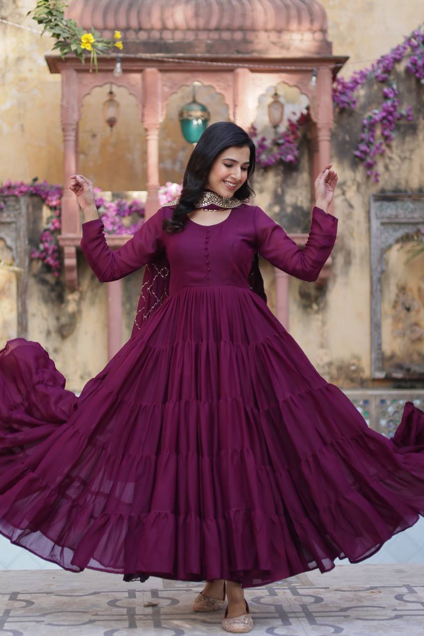 Teeya Creation Wine Color Star Georgette 15 Meter Flari Fully Stitched Gown | Grocsy