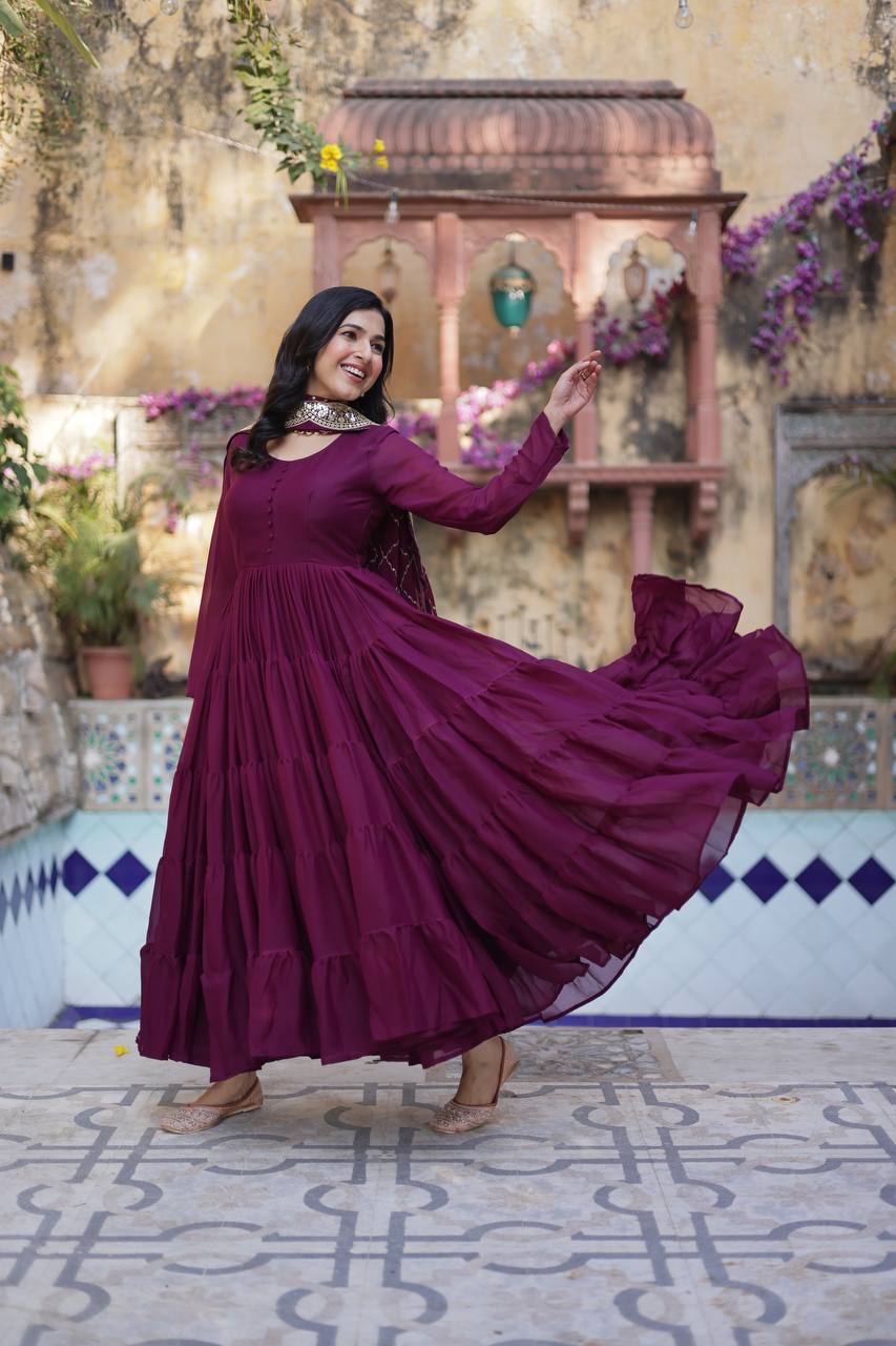 Teeya Creation Wine Color Star Georgette 15 Meter Flari Fully Stitched Gown | Grocsy