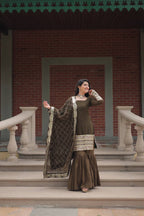 Teeya Creation Mehndi Color Faux Georgette Heavy Embroidery Work Fully stitched gharara set | Grocsy