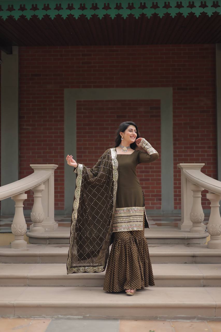 Teeya Creation Mehndi Color Faux Georgette Heavy Embroidery Work Fully stitched gharara set | Grocsy