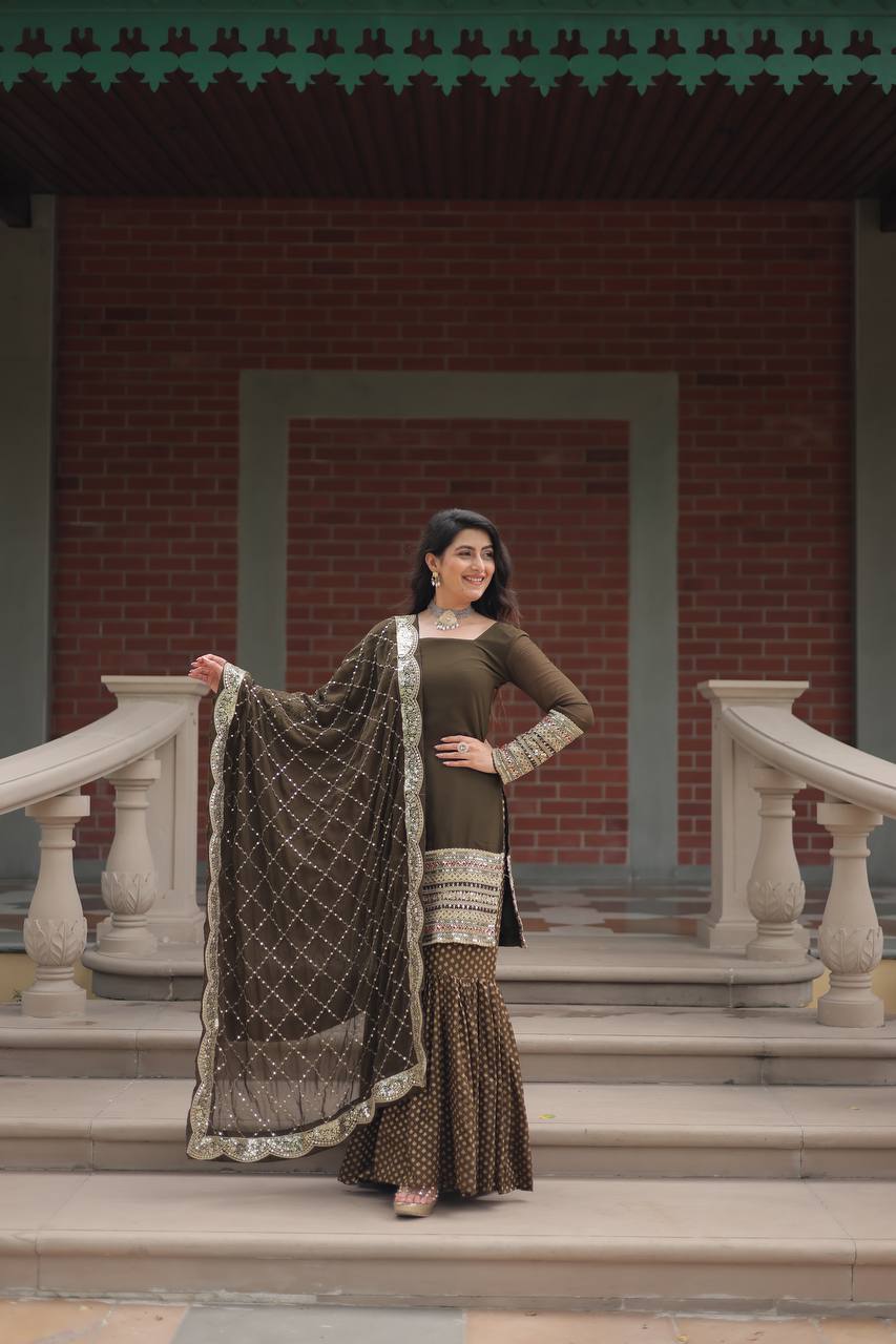 Teeya Creation Mehndi Color Faux Georgette Heavy Embroidery Work Fully stitched gharara set | Grocsy