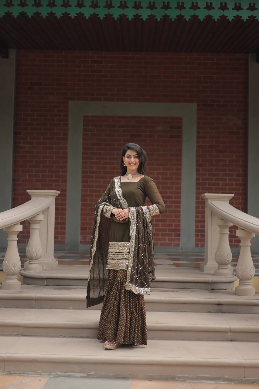 Teeya Creation Mehndi Color Faux Georgette Heavy Embroidery Work Fully stitched gharara set | Grocsy