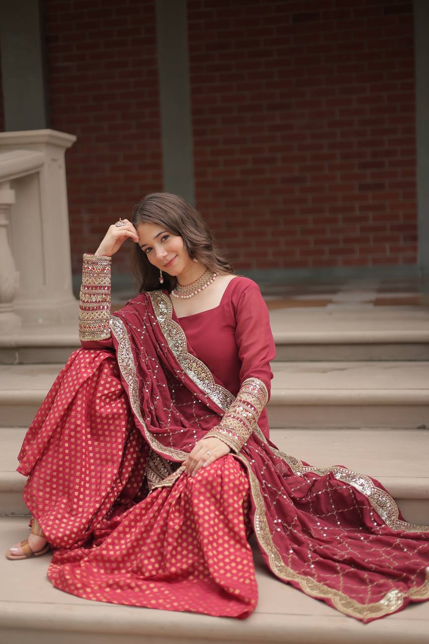 Teeya Creation Maroon Color Faux Georgette Heavy Embroidery Work Fully stitched gharara set | Grocsy