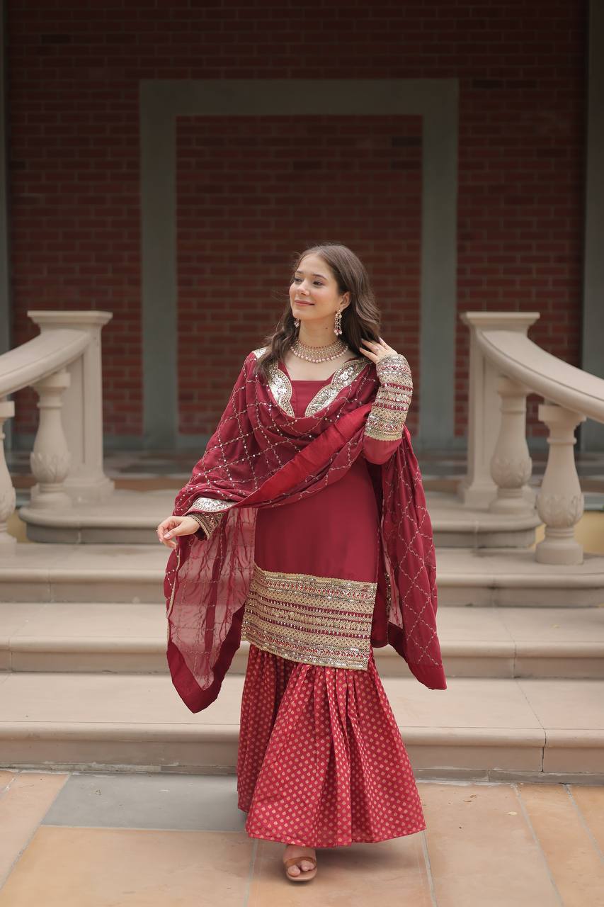 Teeya Creation Maroon Color Faux Georgette Heavy Embroidery Work Fully stitched gharara set | Grocsy