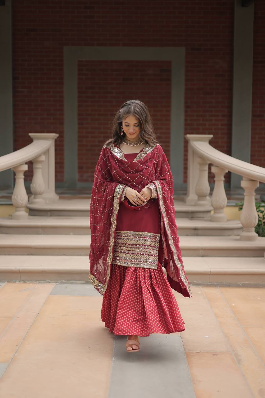 Teeya Creation Maroon Color Faux Georgette Heavy Embroidery Work Fully stitched gharara set | Grocsy