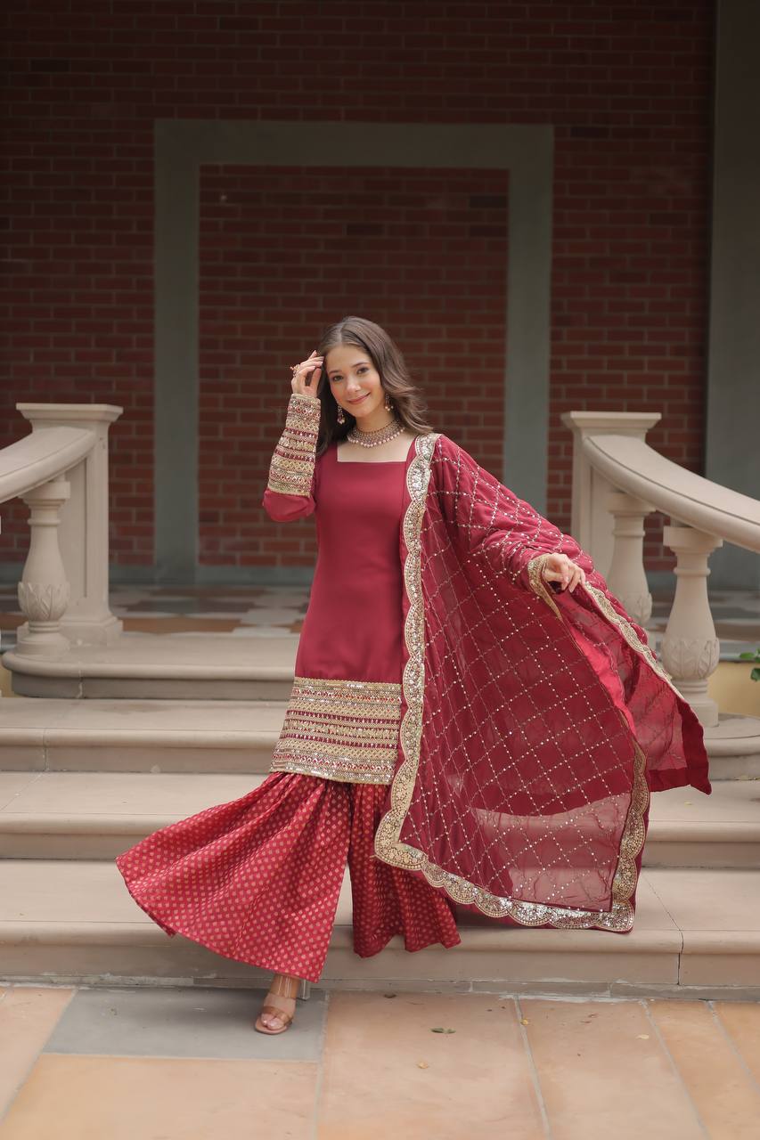 Teeya Creation Maroon Color Faux Georgette Heavy Embroidery Work Fully stitched gharara set | Grocsy