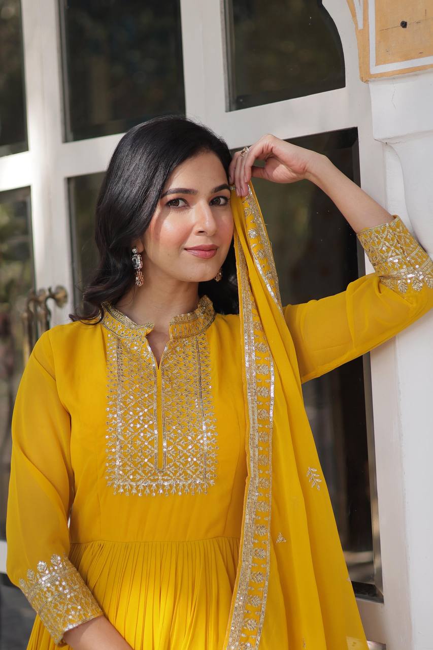 Teeya Creation Yellow Color Faux georgette Heavy Embroidery Work Fully Stitched Gown | Grocsy