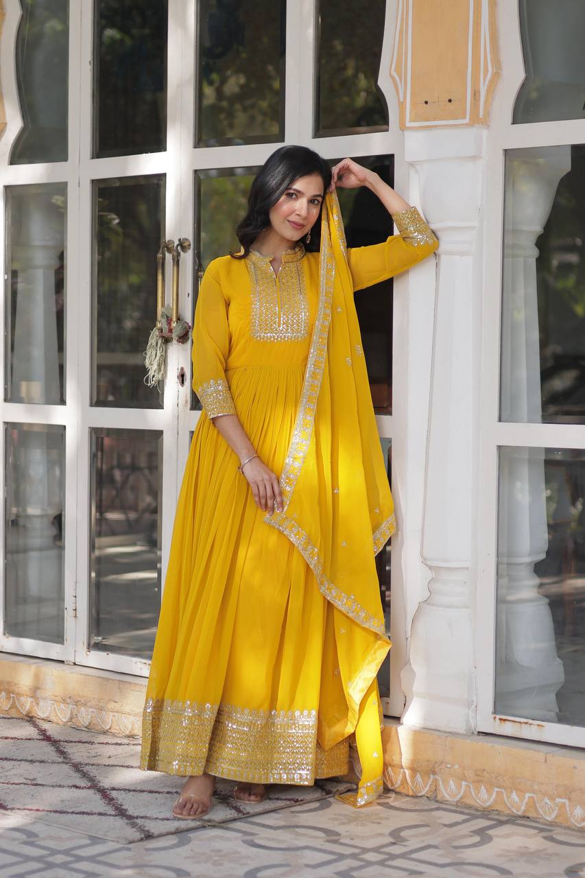 Teeya Creation Yellow Color Faux georgette Heavy Embroidery Work Fully Stitched Gown | Grocsy
