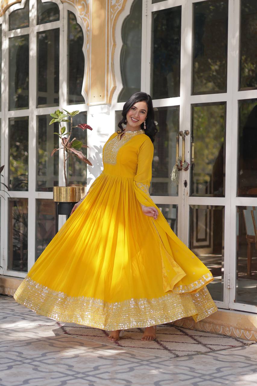 Teeya Creation Yellow Color Faux georgette Heavy Embroidery Work Fully Stitched Gown | Grocsy