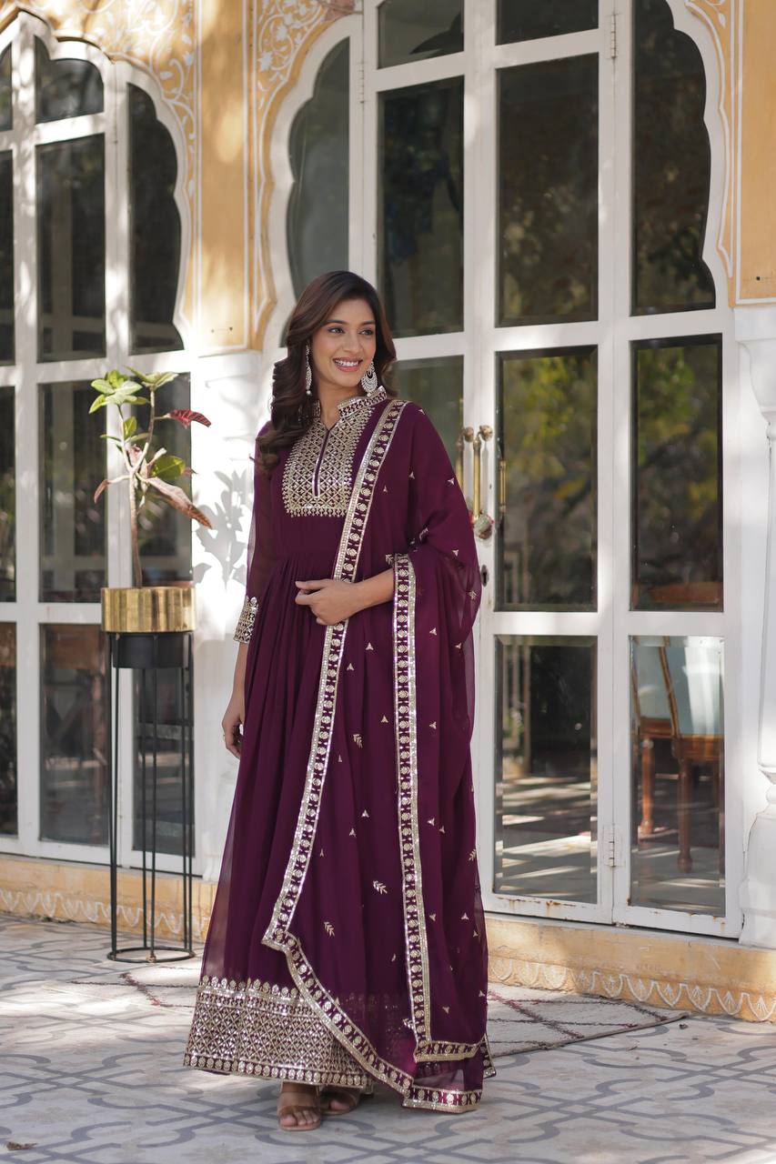 Teeya Creation Wine Color Faux georgette Heavy Embroidery Work Fully Stitched Gown | Grocsy