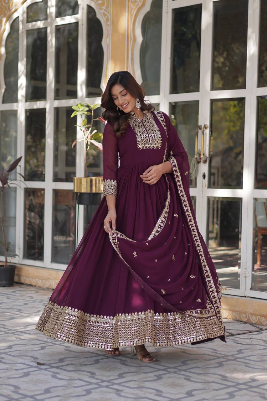 Teeya Creation Wine Color Faux georgette Heavy Embroidery Work Fully Stitched Gown | Grocsy