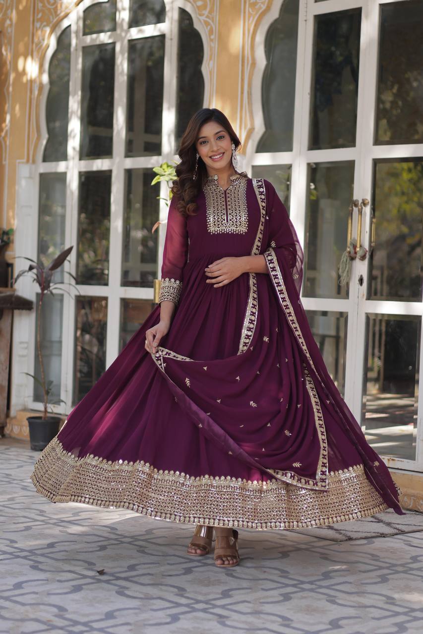 Teeya Creation Wine Color Faux georgette Heavy Embroidery Work Fully Stitched Gown | Grocsy