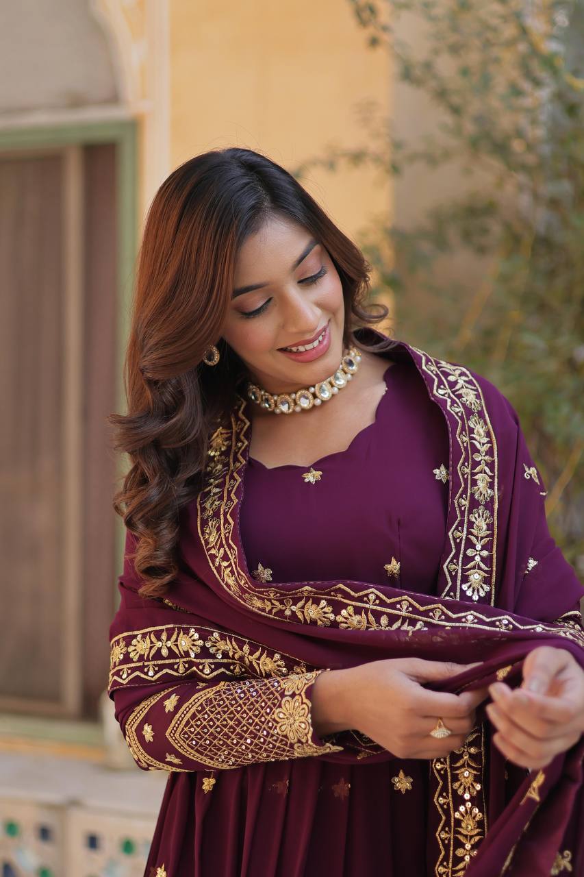 Teeya Creation Wine Color Faux Georgette Heavy Work Fully Stitched Anarkali Gown | Grocsy