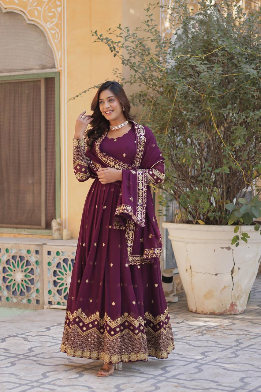 Teeya Creation Wine Color Faux Georgette Heavy Work Fully Stitched Anarkali Gown | Grocsy