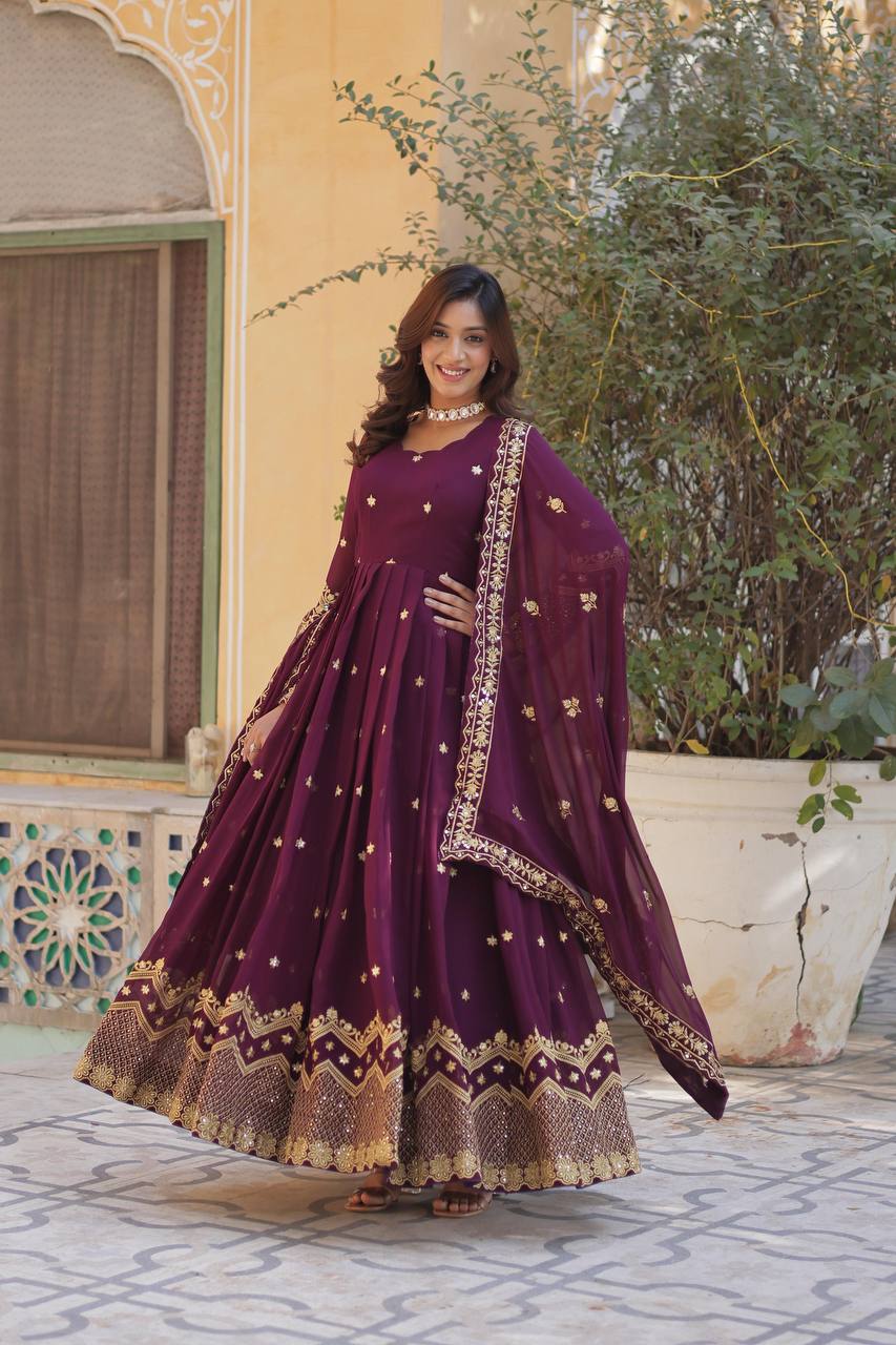 Teeya Creation Wine Color Faux Georgette Heavy Work Fully Stitched Anarkali Gown | Grocsy