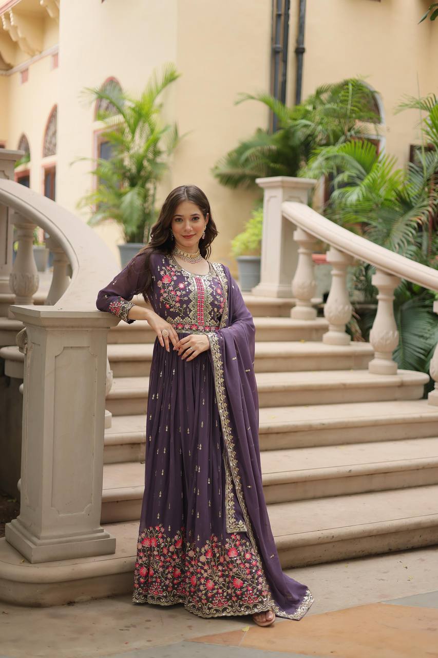 Teeya Creation Plum Color Faux Georgette Heavy Work Fully Stitched Sharara Set | Grocsy