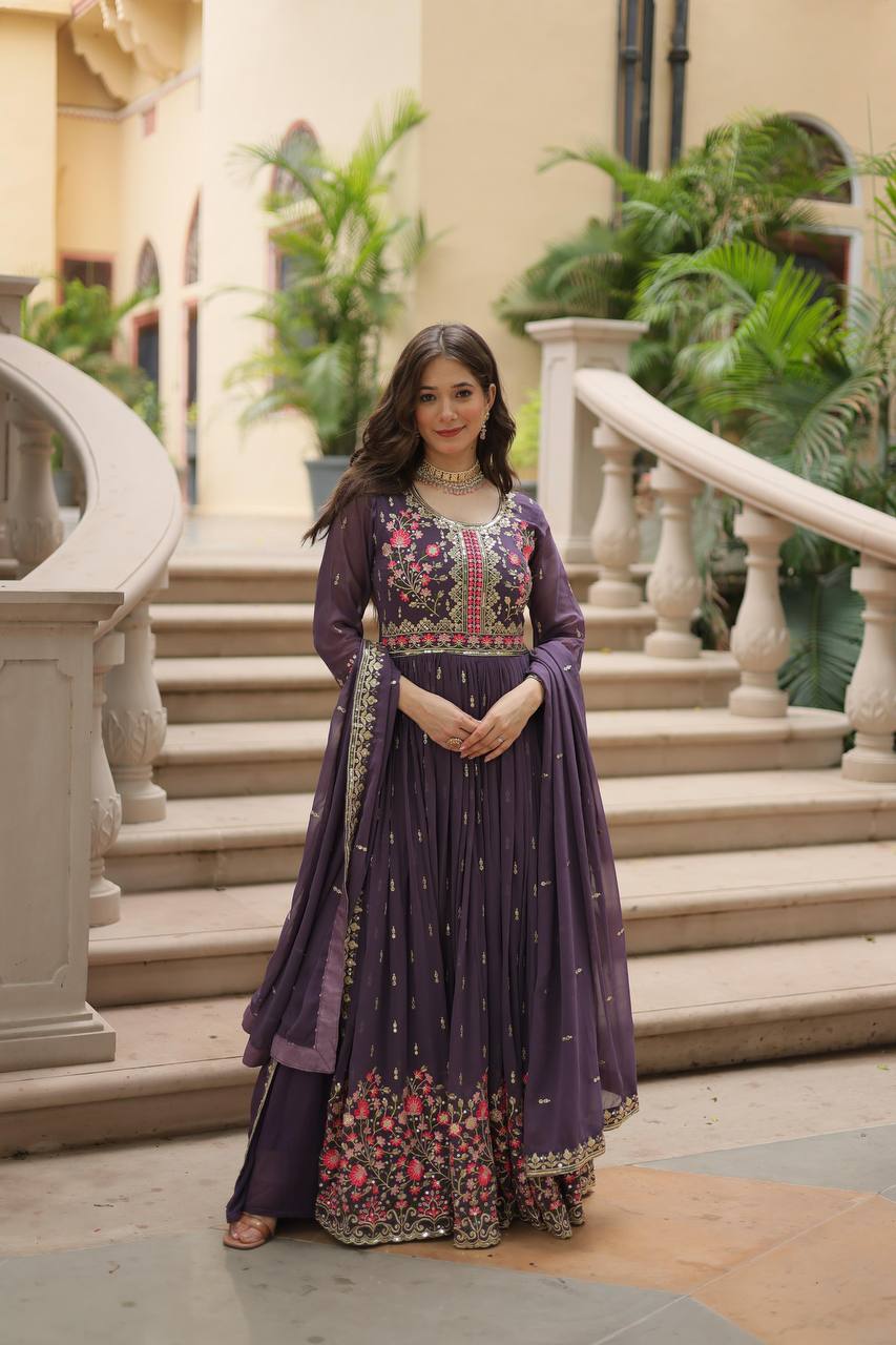 Teeya Creation Plum Color Faux Georgette Heavy Work Fully Stitched Sharara Set | Grocsy