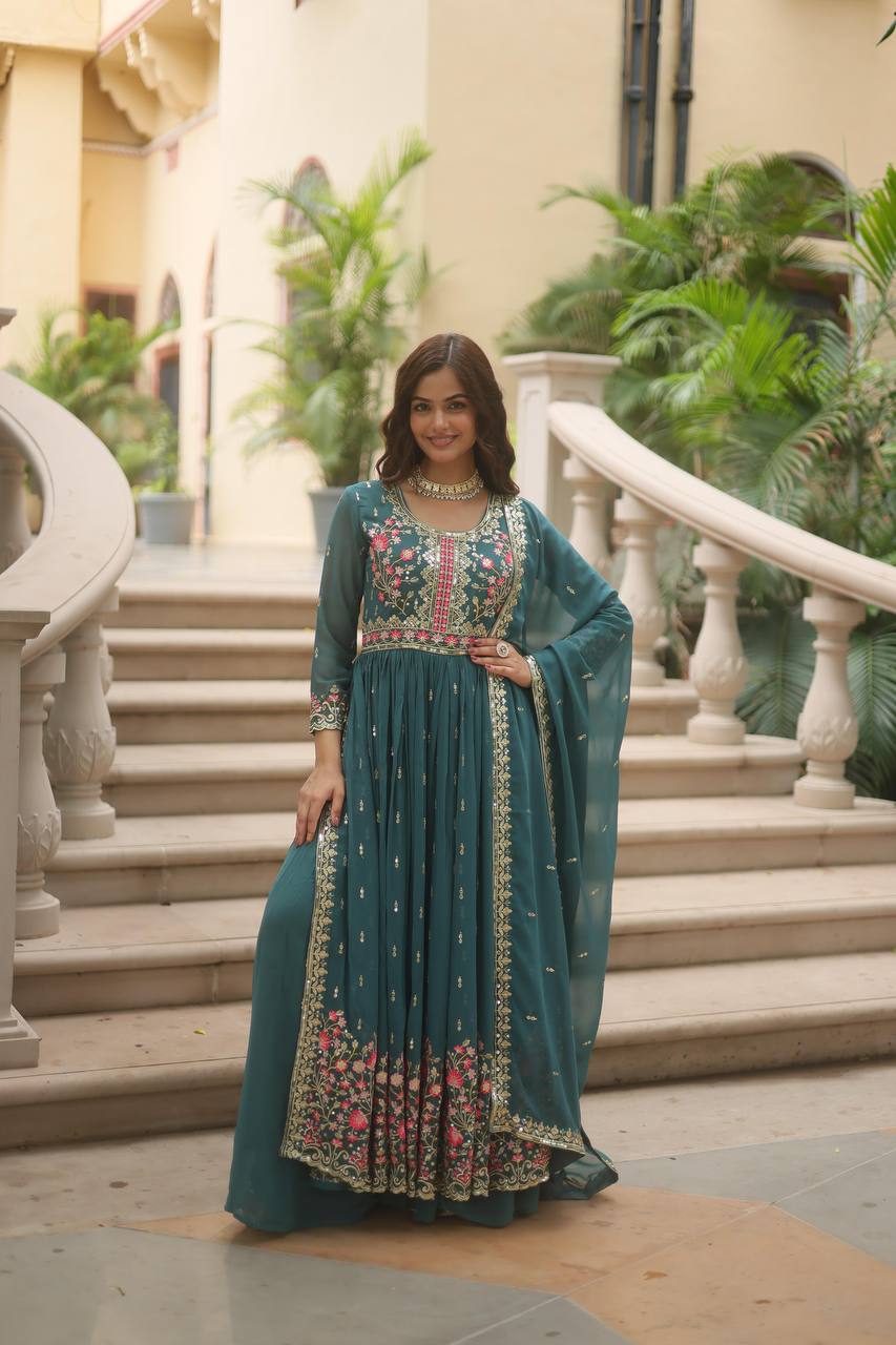 Teeya Creation Teal Color Faux Georgette Heavy Work Fully Stitched Sharara Set | Grocsy