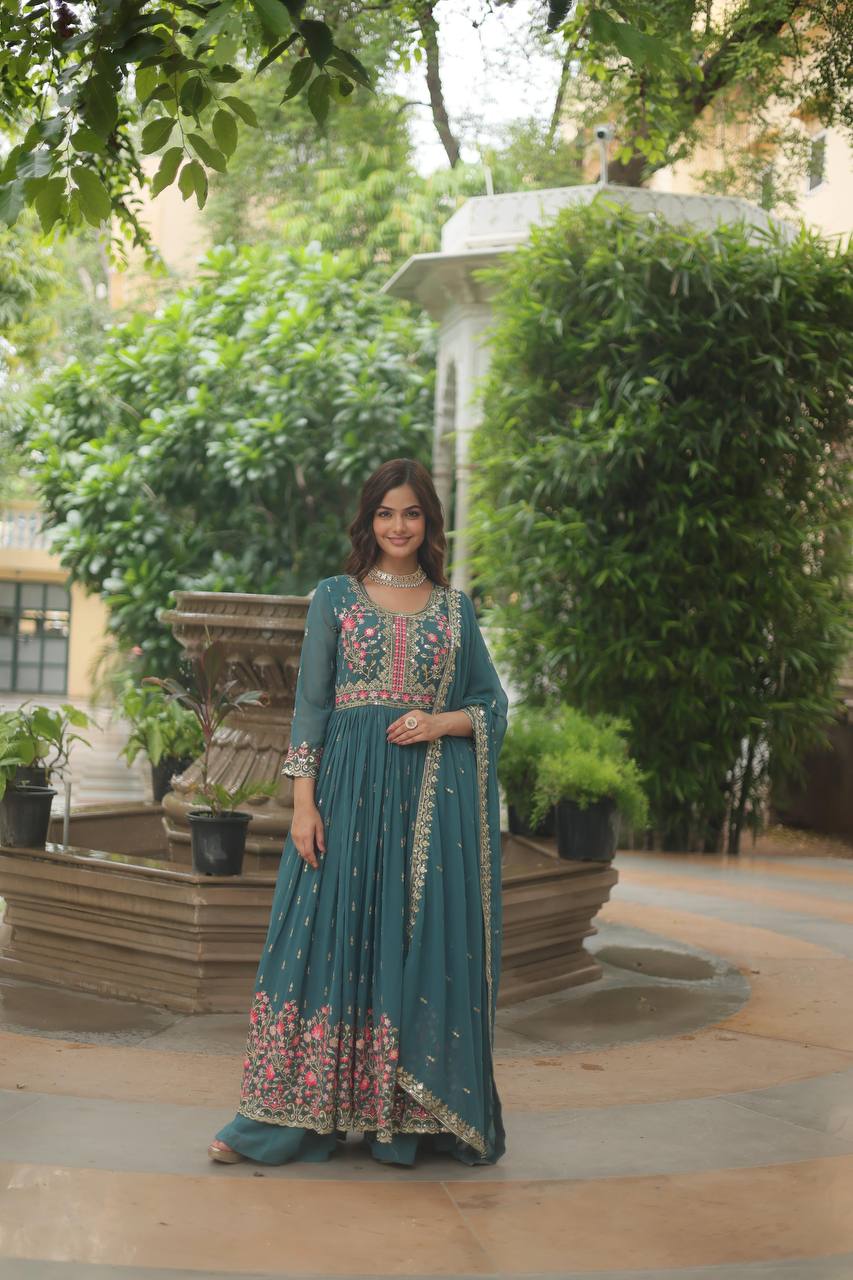 Teeya Creation Teal Color Faux Georgette Heavy Work Fully Stitched Sharara Set | Grocsy