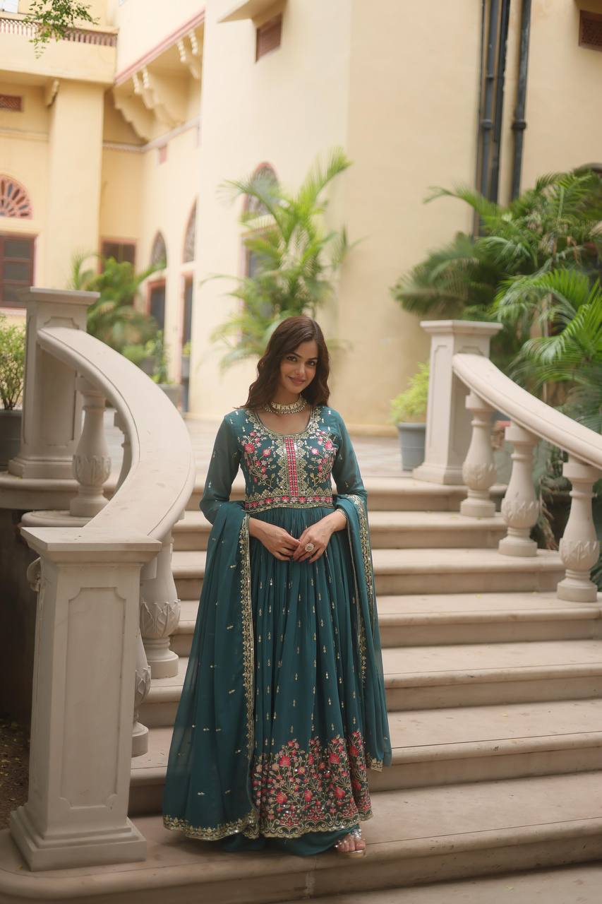 Teeya Creation Teal Color Faux Georgette Heavy Work Fully Stitched Sharara Set | Grocsy