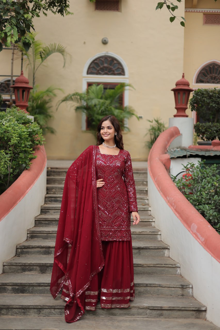 Teeya Creation Maroon Color Faux Georgette Heavy Embroidery Work Fully stitched Sharara set | Grocsy