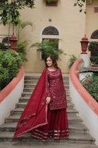Teeya Creation Maroon Color Faux Georgette Heavy Embroidery Work Fully stitched Sharara set | Grocsy
