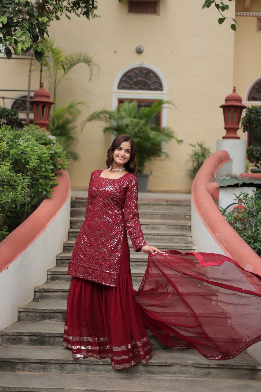 Teeya Creation Maroon Color Faux Georgette Heavy Embroidery Work Fully stitched Sharara set | Grocsy