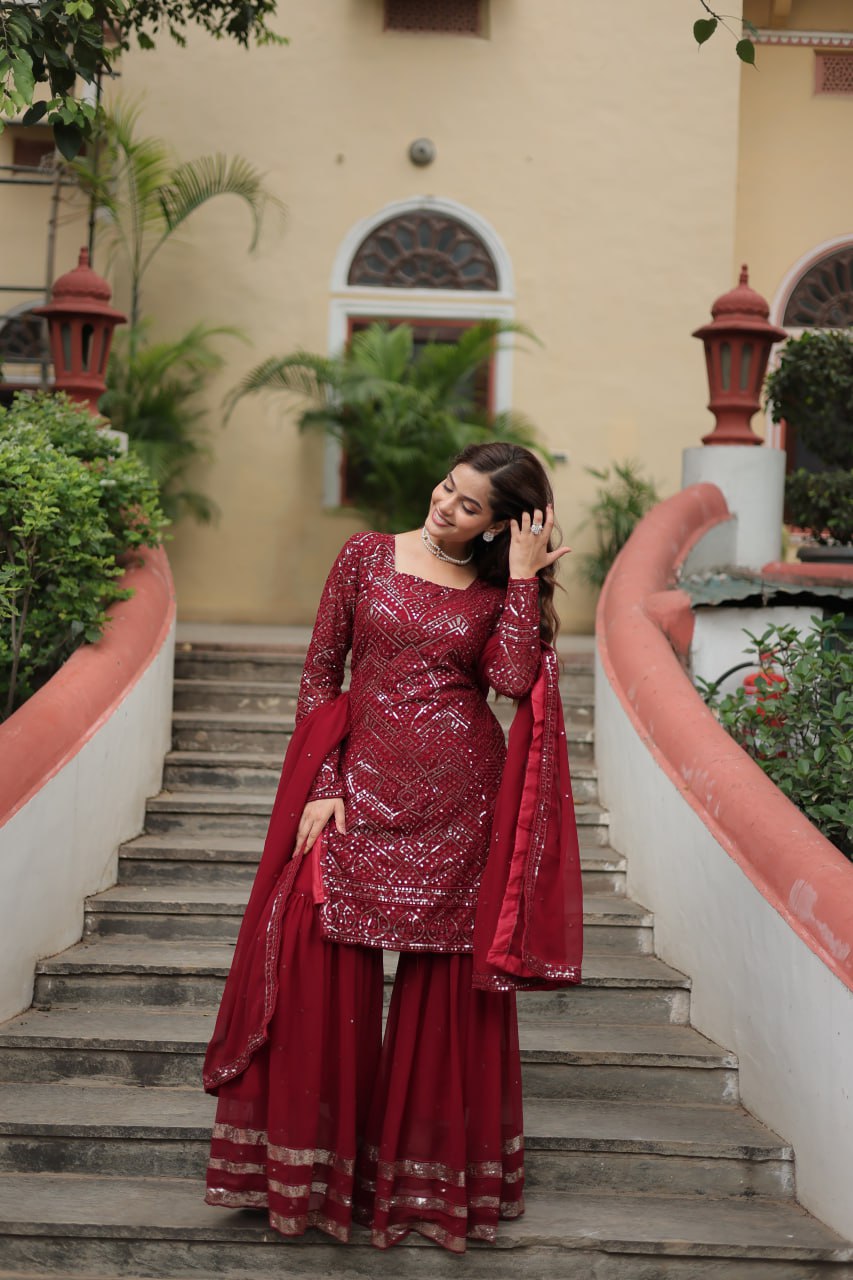 Teeya Creation Maroon Color Faux Georgette Heavy Embroidery Work Fully stitched Sharara set | Grocsy