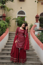 Teeya Creation Maroon Color Faux Georgette Heavy Embroidery Work Fully stitched Sharara set | Grocsy