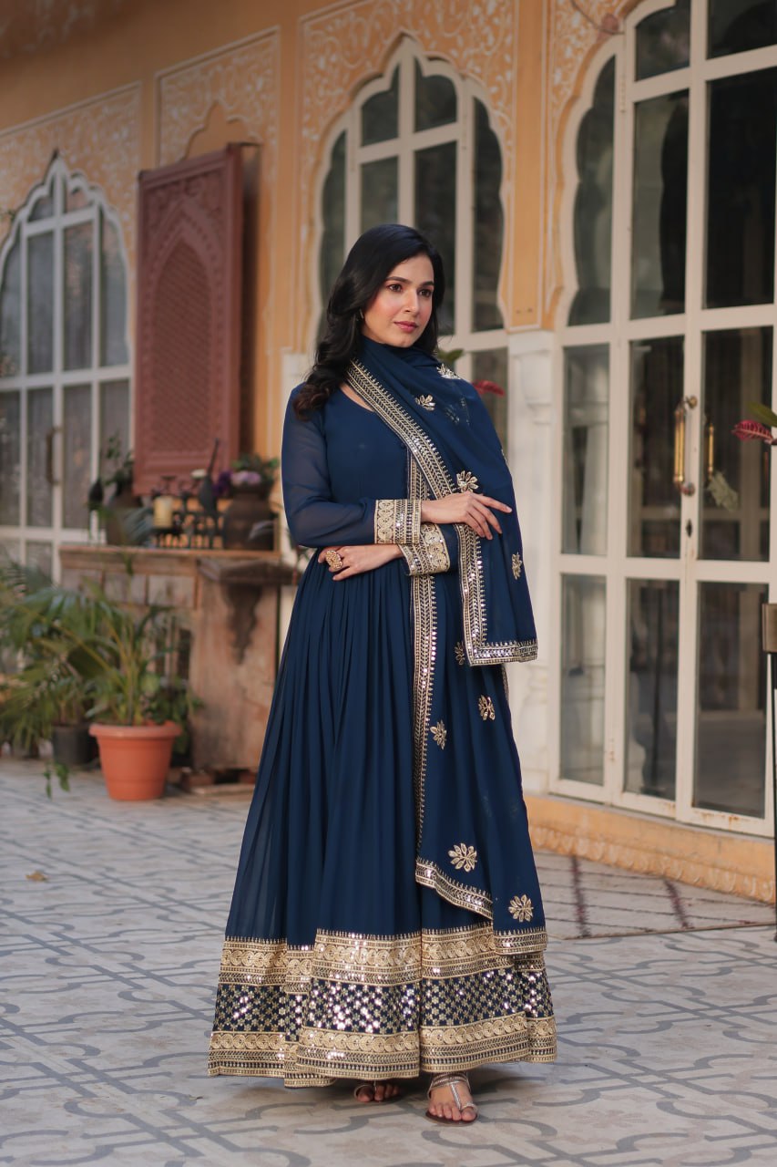 Teeya Creation Blue Color Faux Georgette Heavy Embroidery Work Fully Stitched Gown | Grocsy