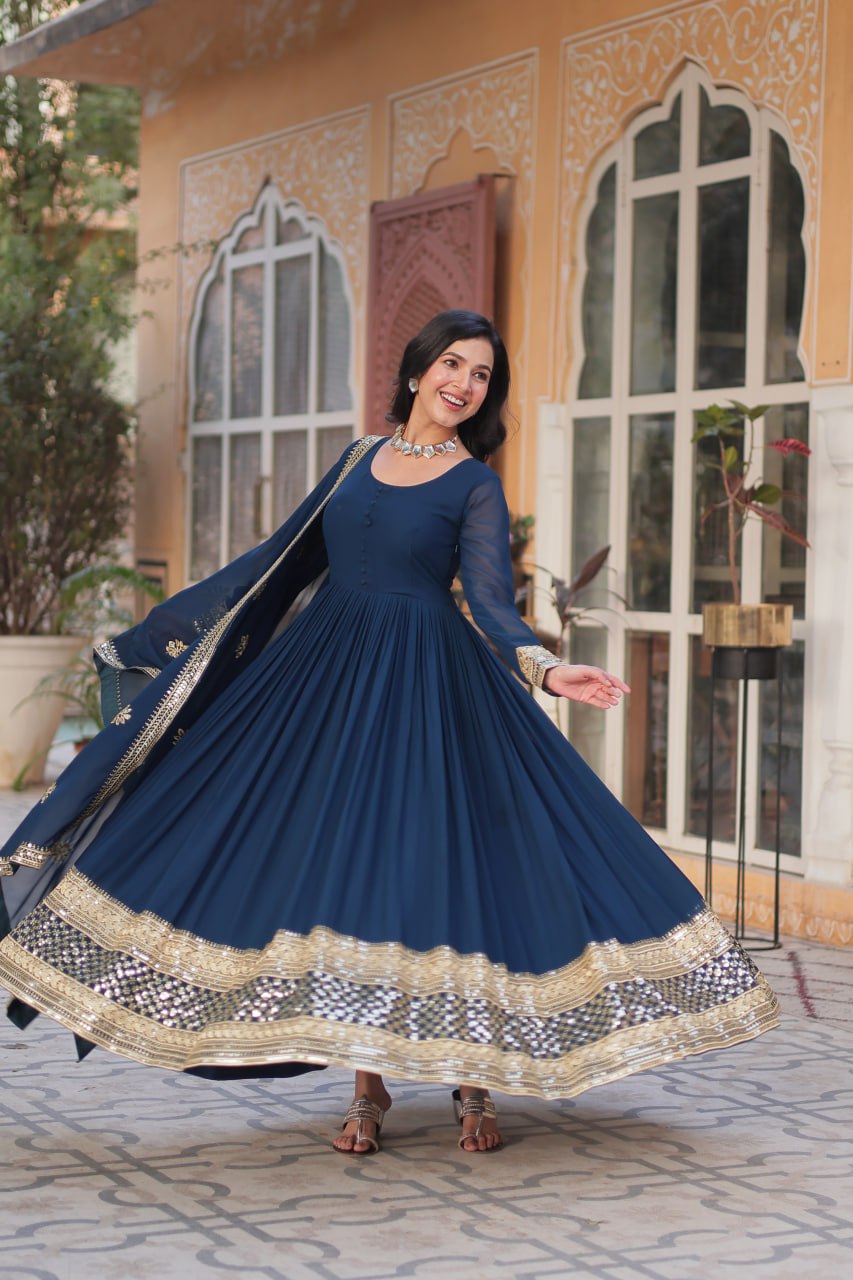 Teeya Creation Blue Color Faux Georgette Heavy Embroidery Work Fully Stitched Gown | Grocsy