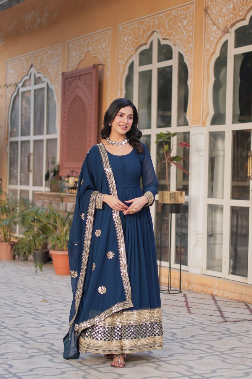 Teeya Creation Blue Color Faux Georgette Heavy Embroidery Work Fully Stitched Gown | Grocsy