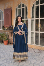 Teeya Creation Blue Color Faux Georgette Heavy Embroidery Work Fully Stitched Gown | Grocsy