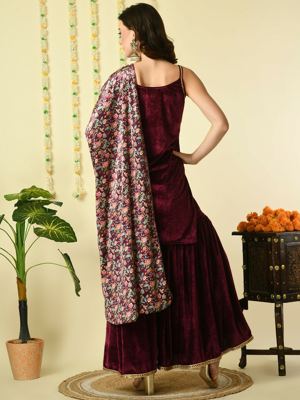 Myshka Women's Magenta Velvet Kurti & Sharara With Dupatta Party Sets | Grocsy