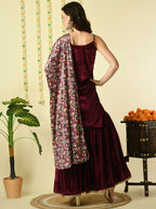 Myshka Women's Magenta Velvet Kurti & Sharara With Dupatta Party Sets | Grocsy