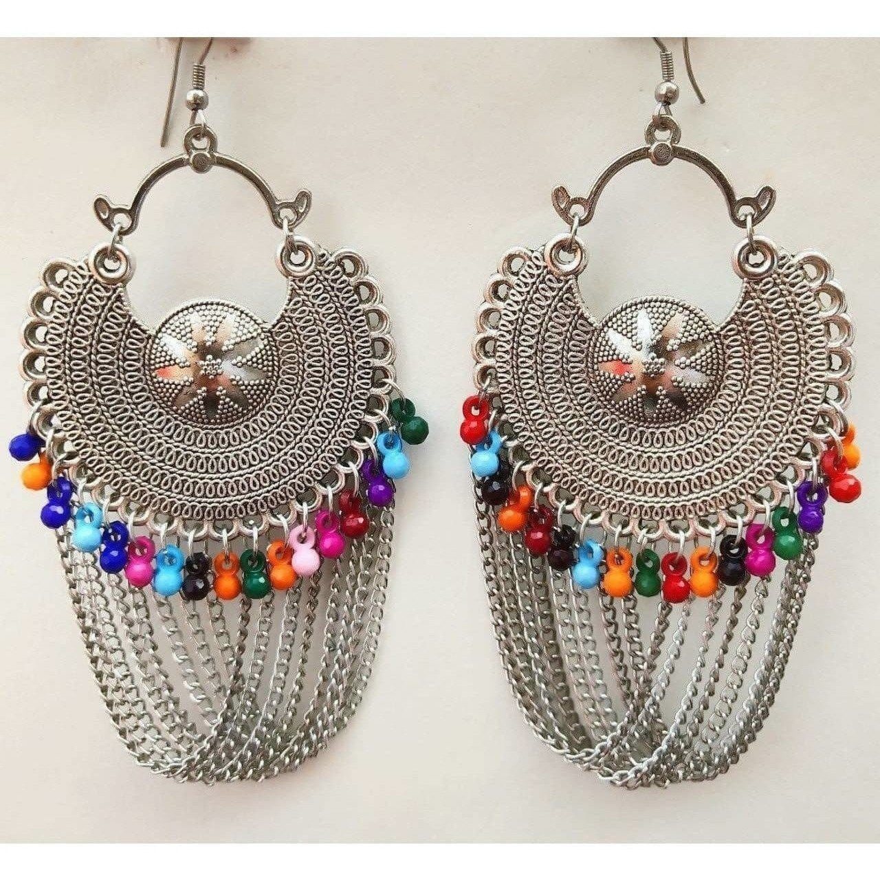 MS Fashion India Latest Fashion Half Moon Earrings With Chains And Multi Color Pearls | Grocsy
