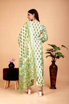 Women's Cotton A-Line Green Kurta Pant With Dupatta Set - A2M | Grocsy