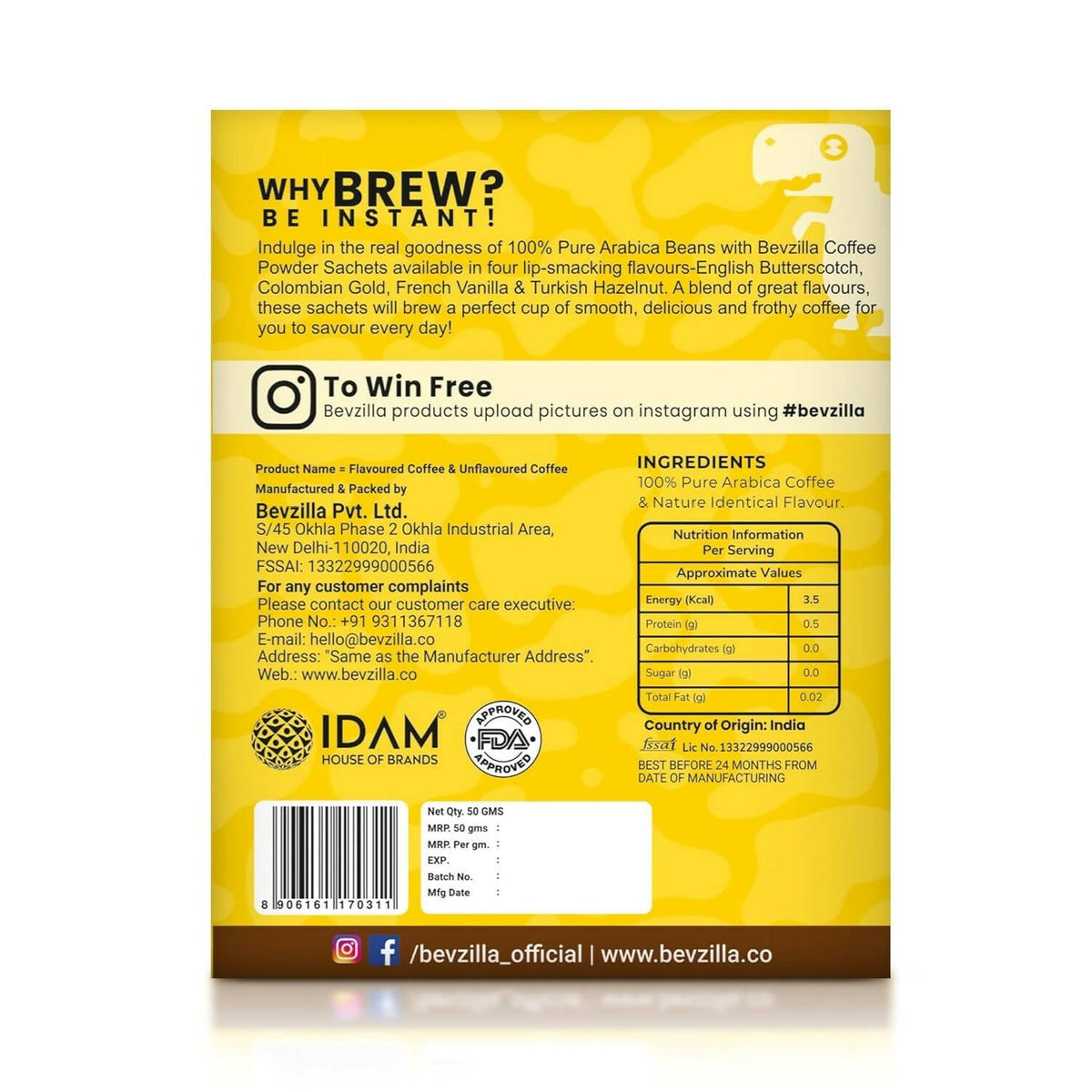 Bevzilla Instant Coffee Powder Sachets 100 % Arabica Coffee | Grocsy