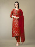 Jyoti Fashion Women's Maroon Rayon Embroidery & Sequence work Kurta with Trouser & Dupatta | Grocsy