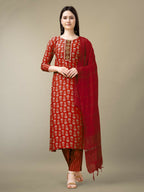 Jyoti Fashion Women's Maroon Rayon Embroidery & Sequence work Kurta with Trouser & Dupatta | Grocsy