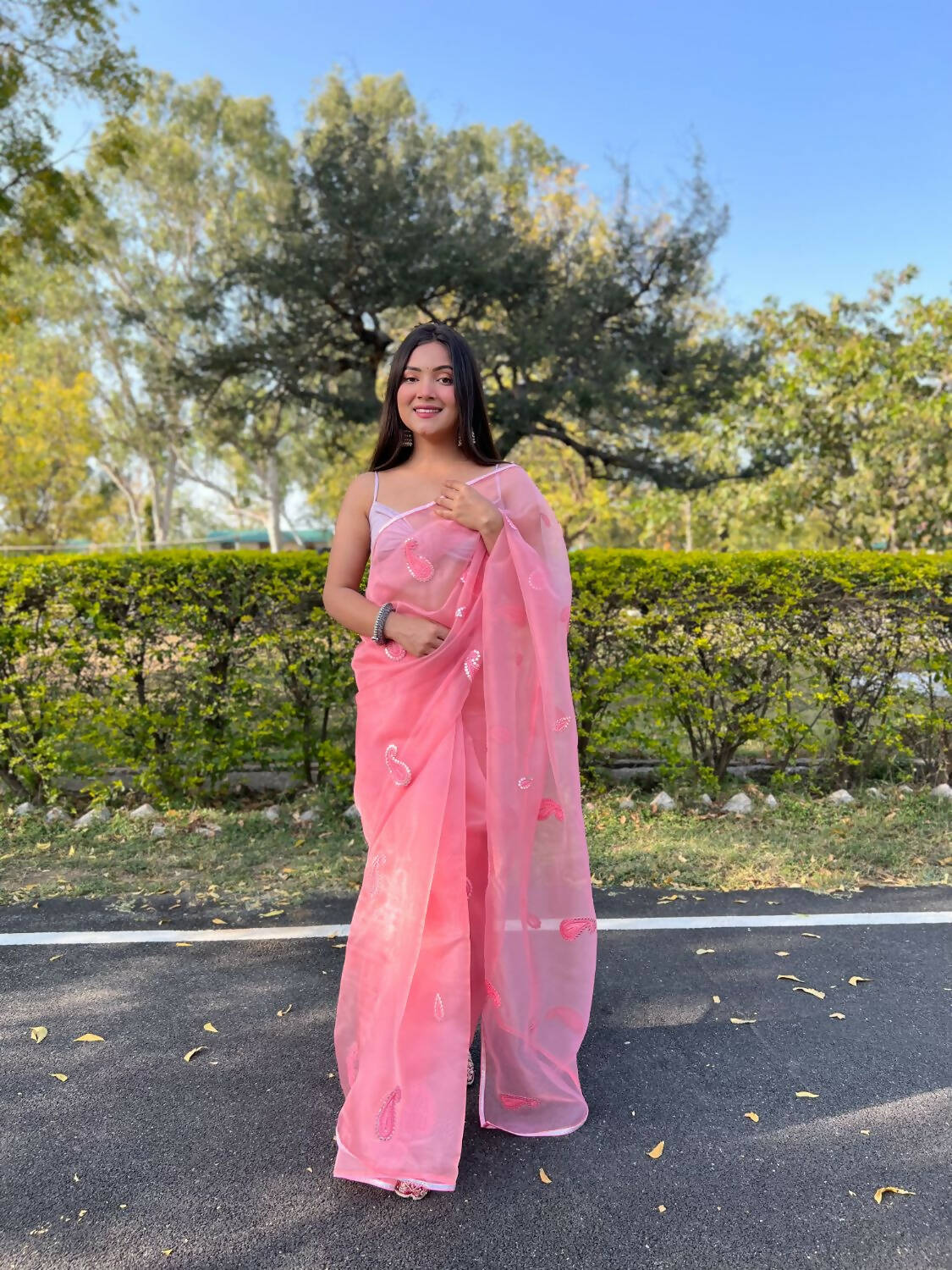 Vamsee Pink Organza Saree | Grocsy