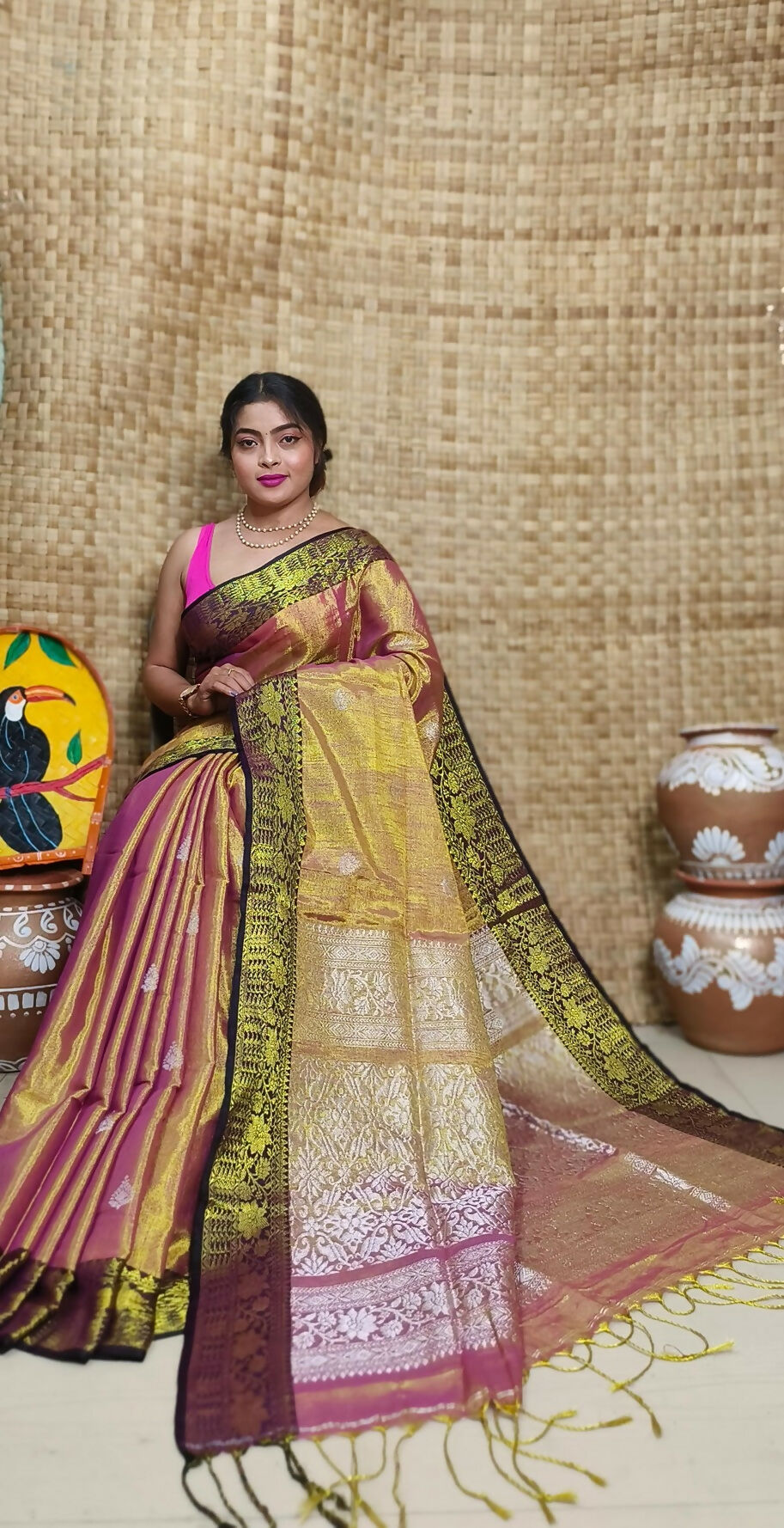 Exclusive Collection Golden Red Beautiful Tissue Benarasi Saree | Grocsy