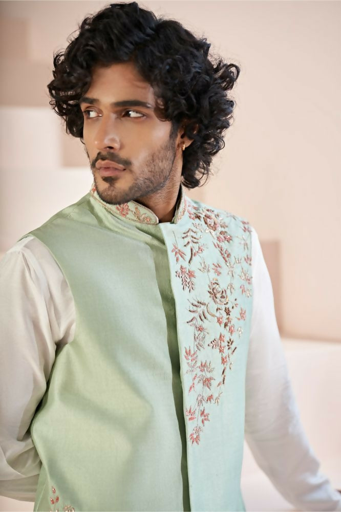 Olive Green Hand Embroidered Nehru Jacket by Hilo Design | Grocsy