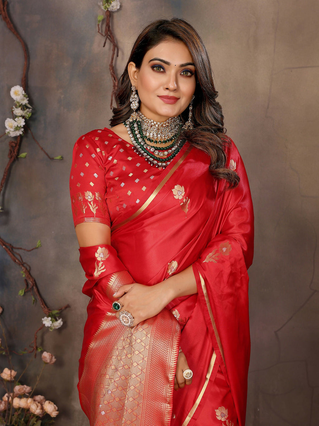 Joban Fashion Red Floral & Botanical Motifs Satin Silk Banarasi Silk Saree | Grocsy