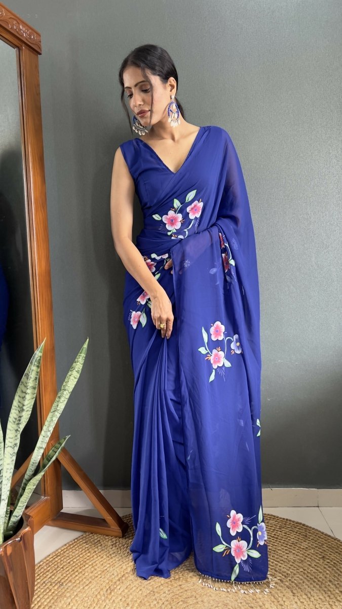 Aayaa Designer 1 min Hand Painted Ready to Wear saree - Navy Blue | Grocsy