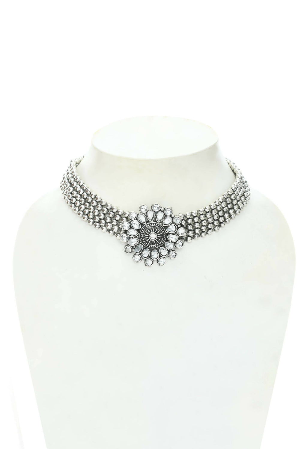 Mominos Fashion Johar Kamal Oxidised Silver-Plated Brass Finish Kundan Choker For Women (Silver) | Grocsy