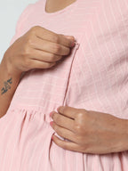Manet Three Fourth Maternity Dress Striped With Concealed Zipper Nursing Access - Baby Pink | Grocsy