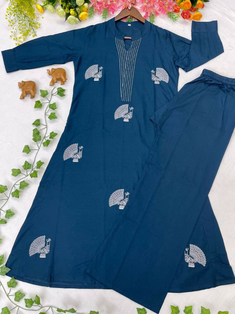 Teeya Creation Women Blue Cotton Printed Kurta with Trousers Co-ord Set | Grocsy